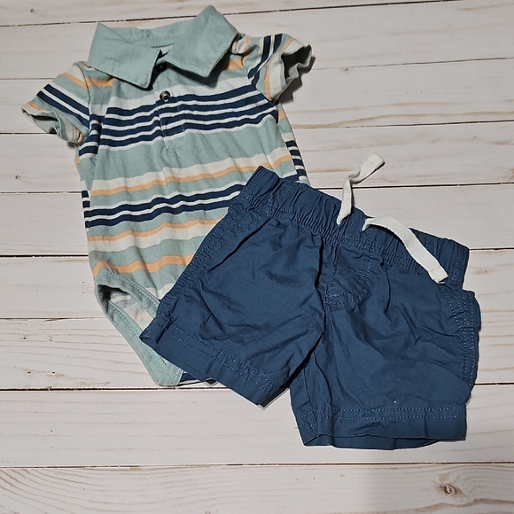 Carter's Striped Bodysuit with Orange Accent And Matching Blue Shorts - Picture 1 of 4